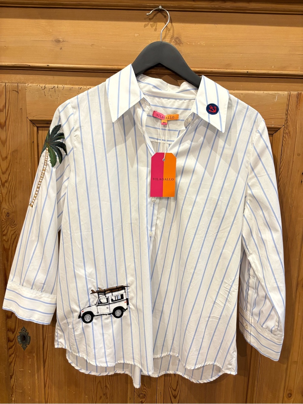 Vilagallo White Shirt with Light Blue Pinstripes and Embroidered Motifs